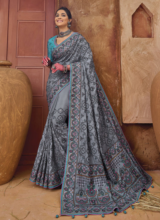 Stone Grey Pure Kutchi Work Banarasi Silk Designer Saree