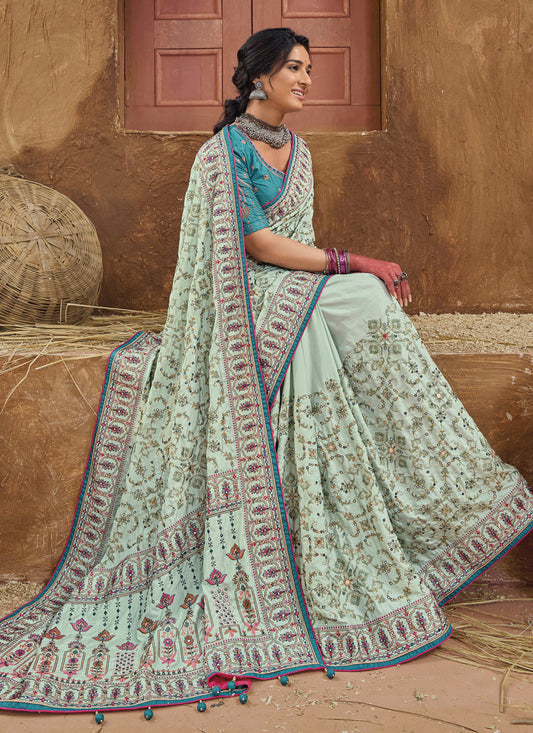 Ice Mint Pure Kutchi Work Banarasi Silk Designer Saree