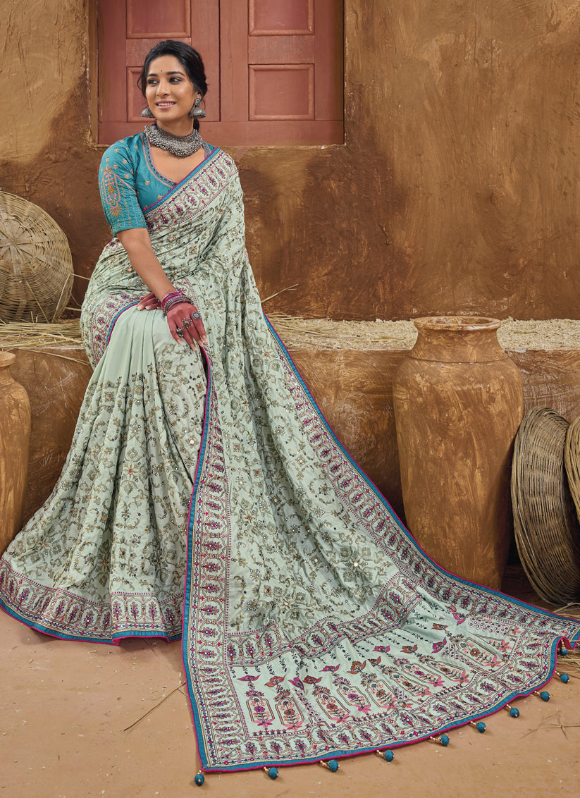 Ice Mint Pure Kutchi Work Banarasi Silk Designer Saree