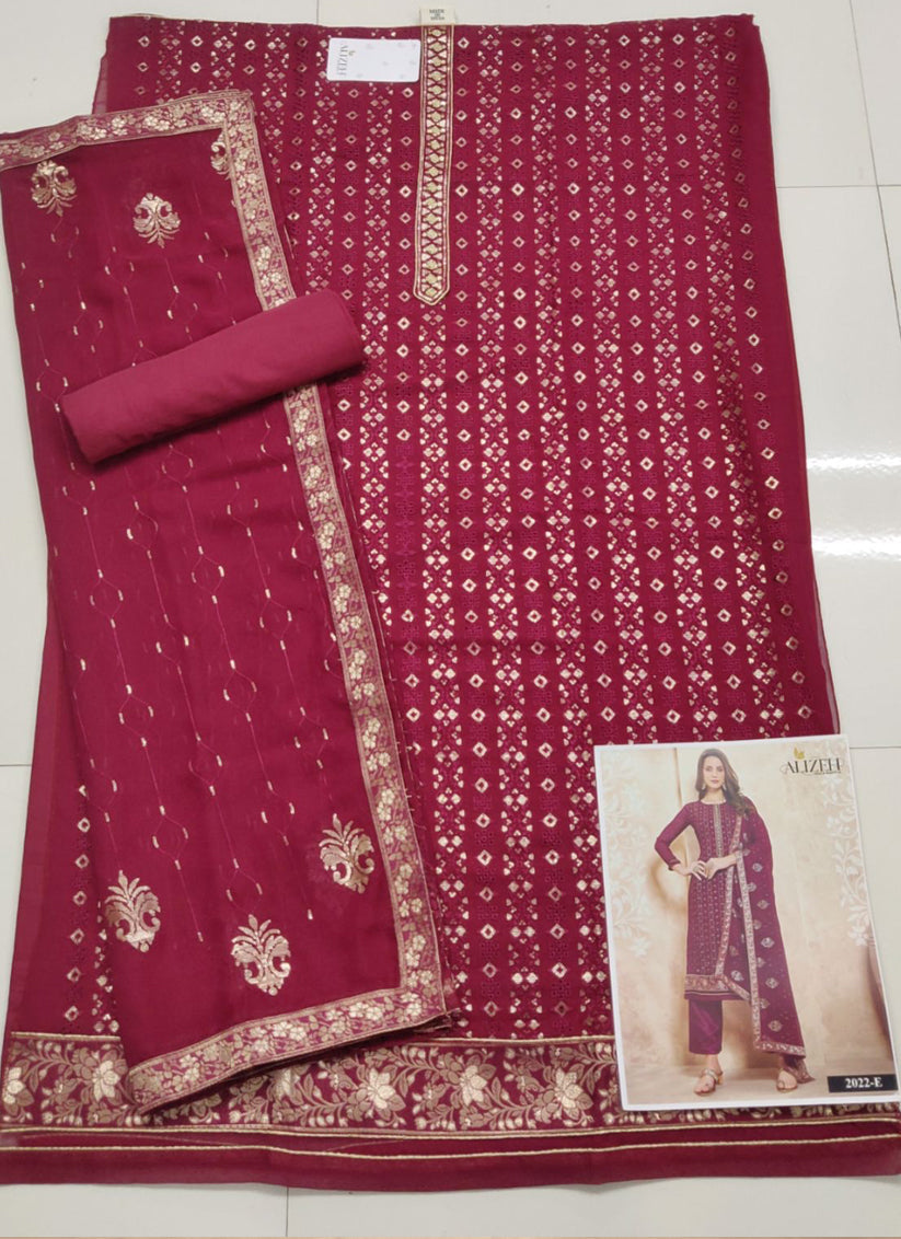 Sweet Magenta Georgette Embroidered Trouser Kameez Set