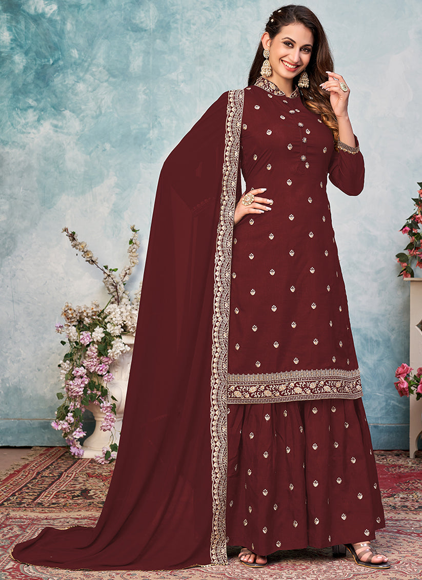 Maroon Art Silk Embroidered Sarara Kameez