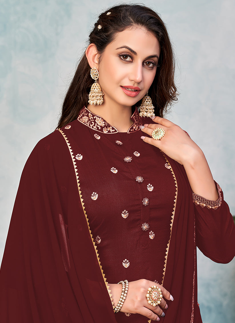 Maroon Art Silk Embroidered Sarara Kameez