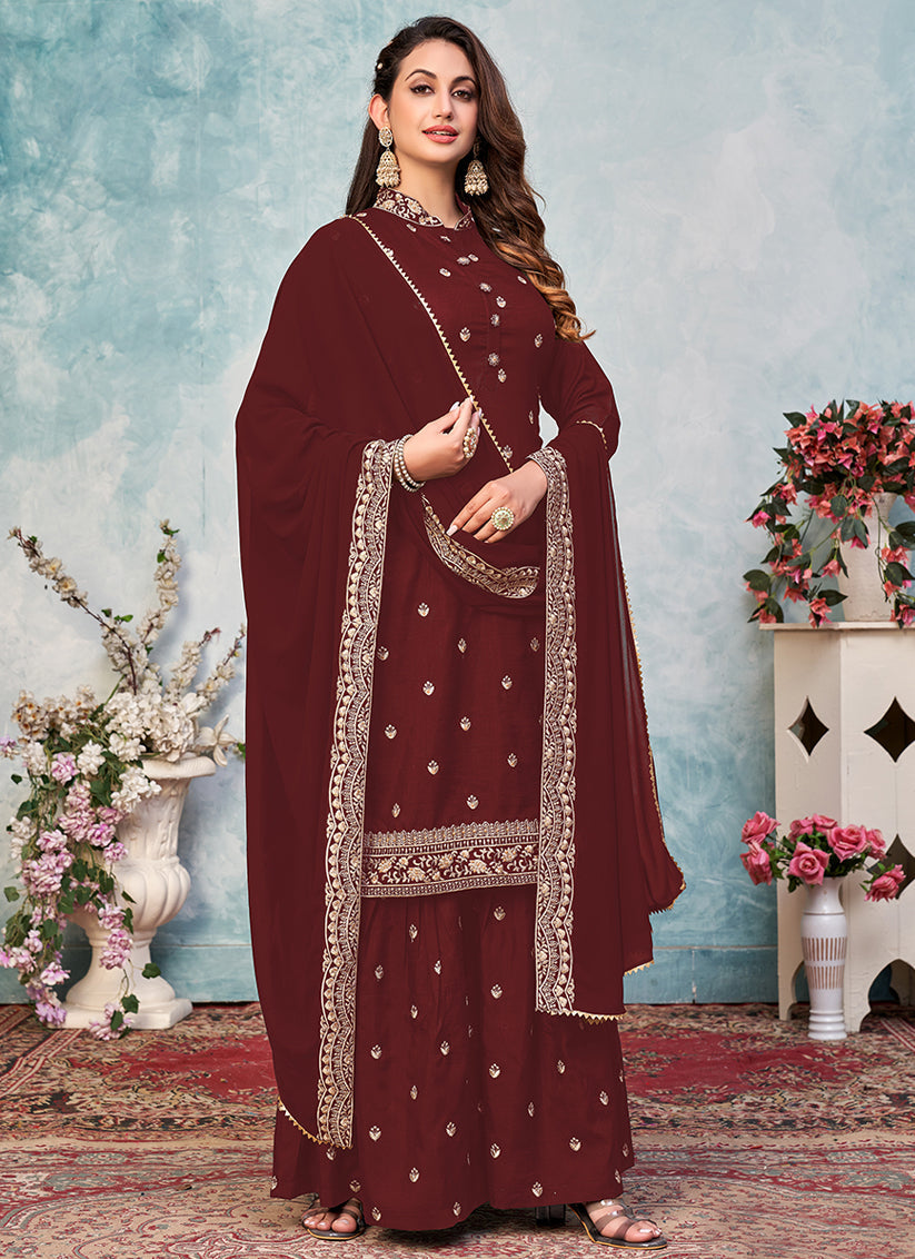 Maroon Art Silk Embroidered Sarara Kameez