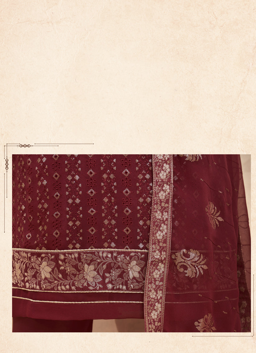 Maroon Georgette Embroidered Trouser Kameez Set