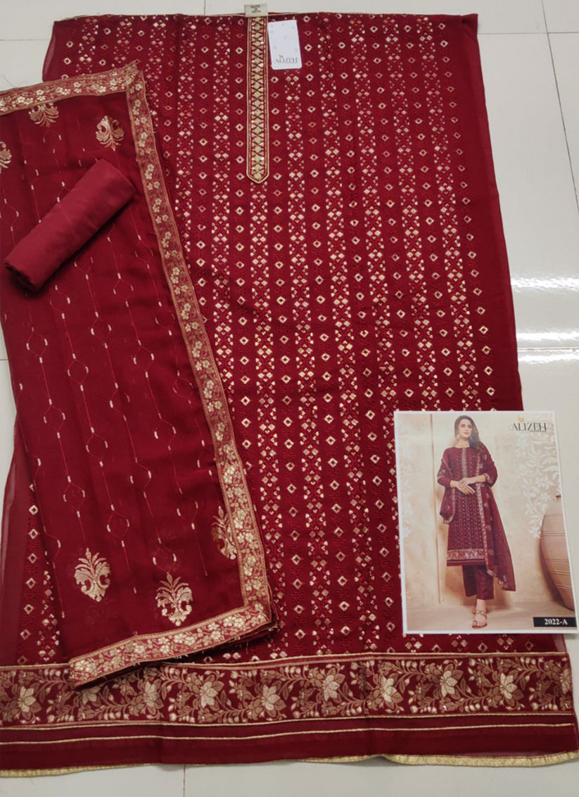 Maroon Georgette Embroidered Trouser Kameez Set