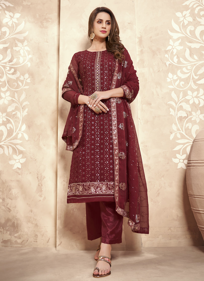 Magnetic Maroon Georgette Embroidered Trouser Kameez Set