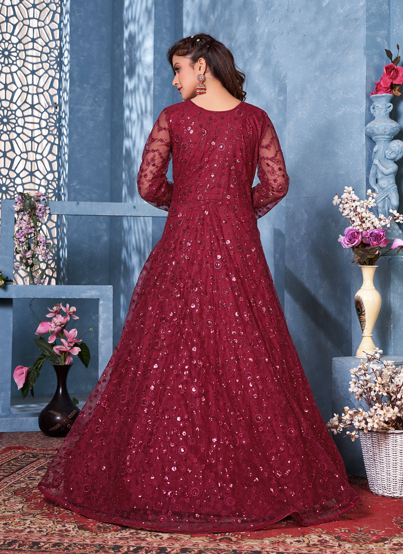 Maroon Net Thread and Sequence work Anarkali Suit