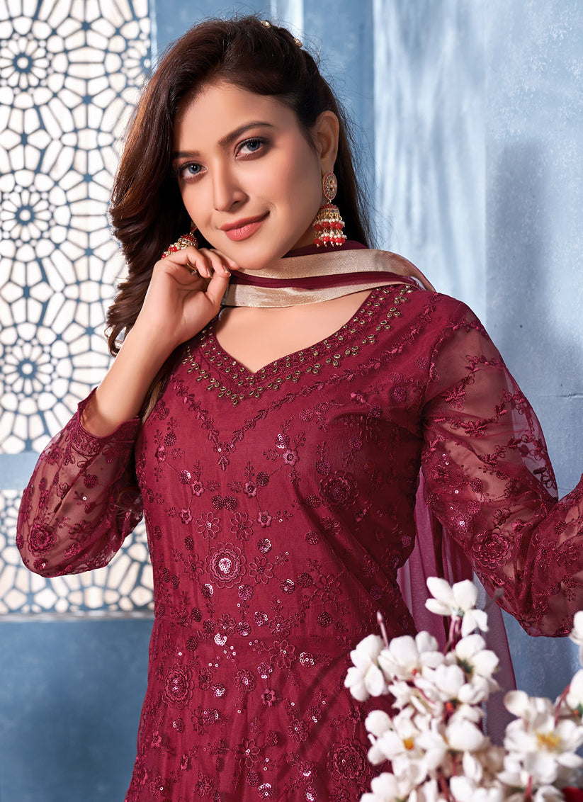 Maroon Net Thread and Sequence work Anarkali Suit
