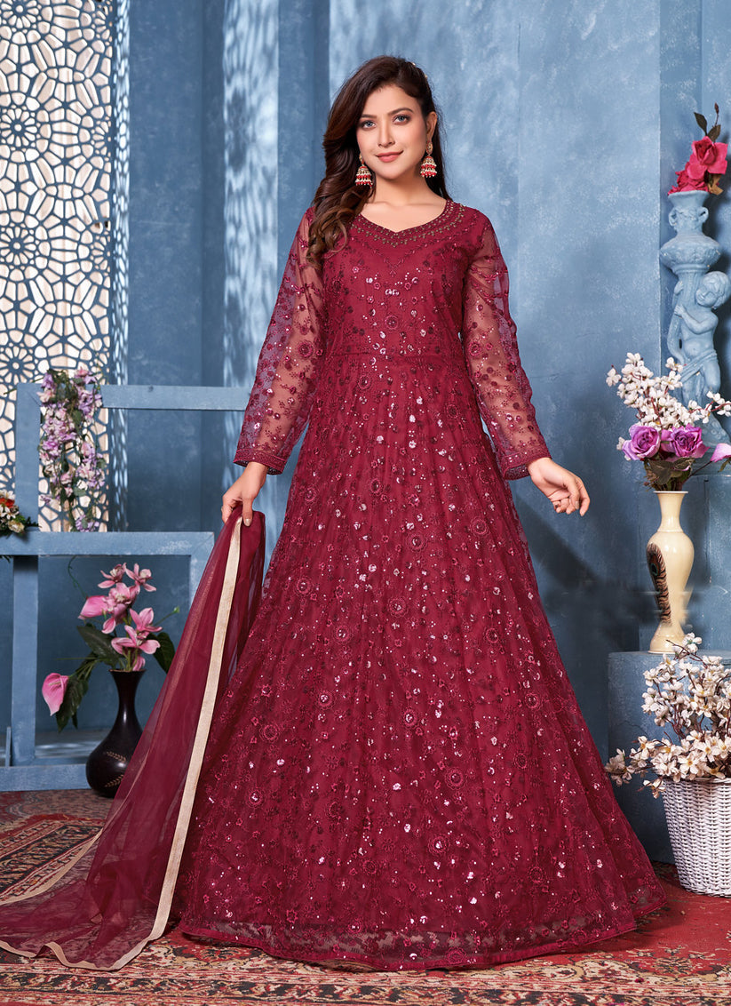 Maroon Net Thread and Sequence work Anarkali Suit