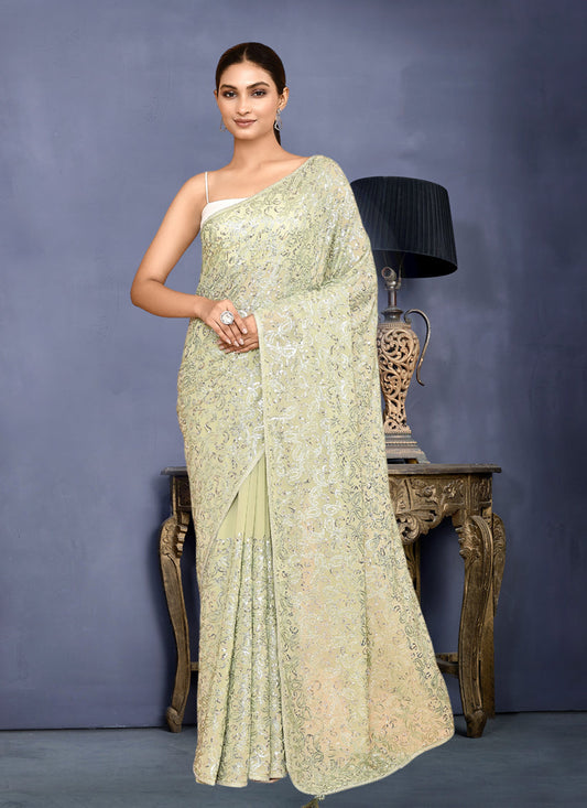 Pastel Green Georgette Sequins Embroidered Wedding Saree