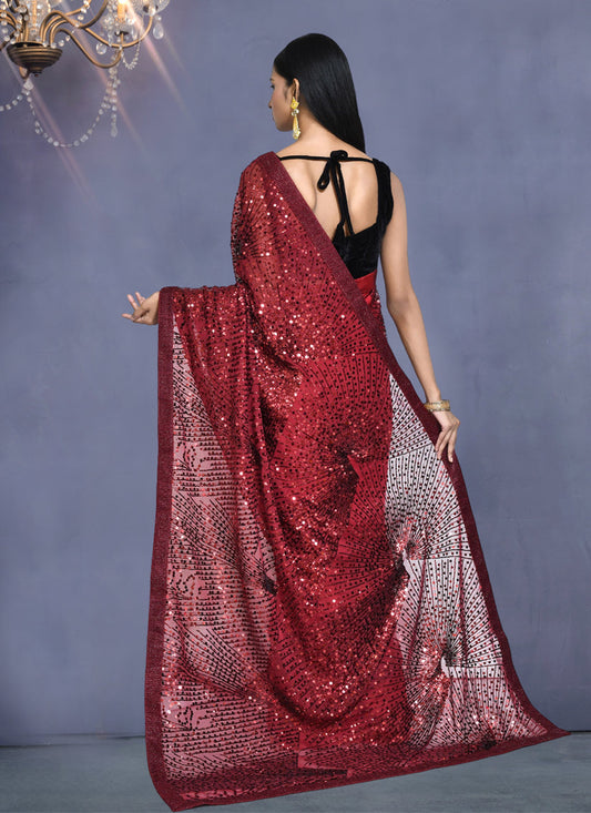 Maroon Silk Sequins Embroidered Saree