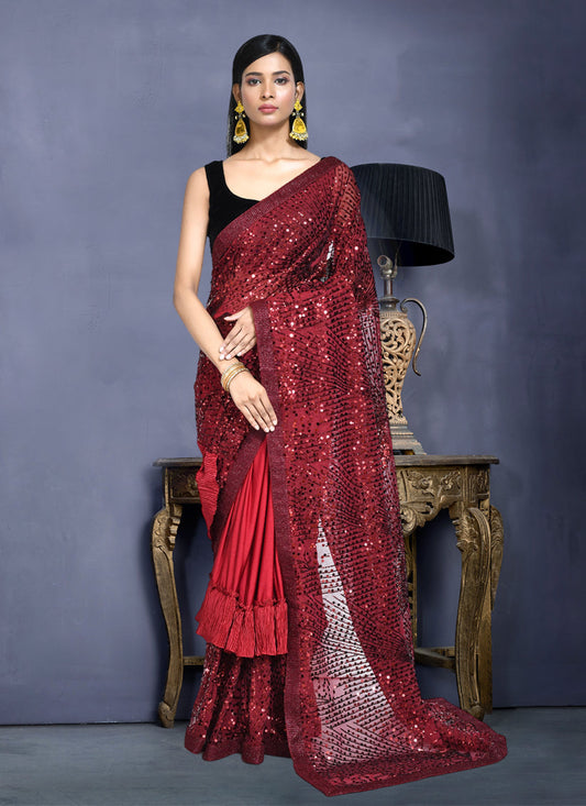 Maroon Silk Sequins Embroidered Saree