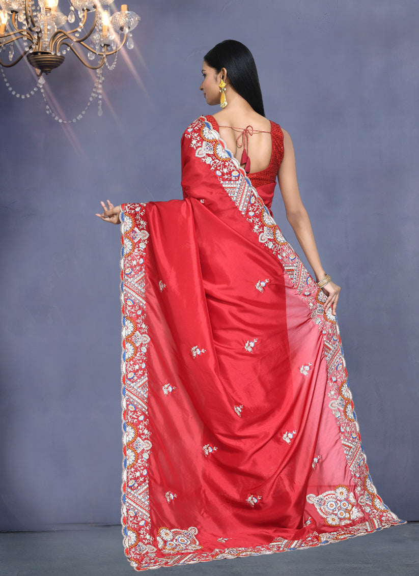 Candy Red Crepe Silk Sequins Embroidered Saree
