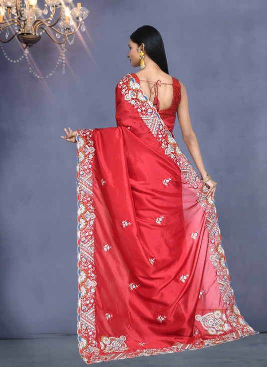 Candy Red Crepe Silk Sequins Embroidered Saree