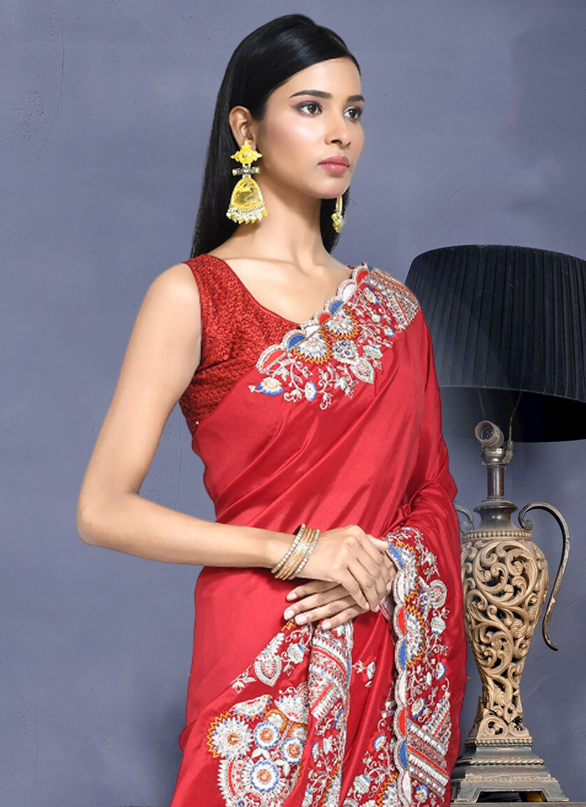 Candy Red Crepe Silk Sequins Embroidered Saree