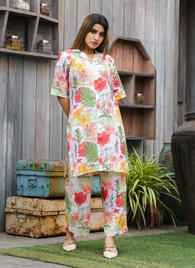 Off White Floral Printed Co-Ord Set