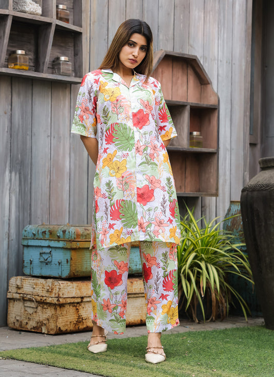 Off White Floral Printed Co-Ord Set