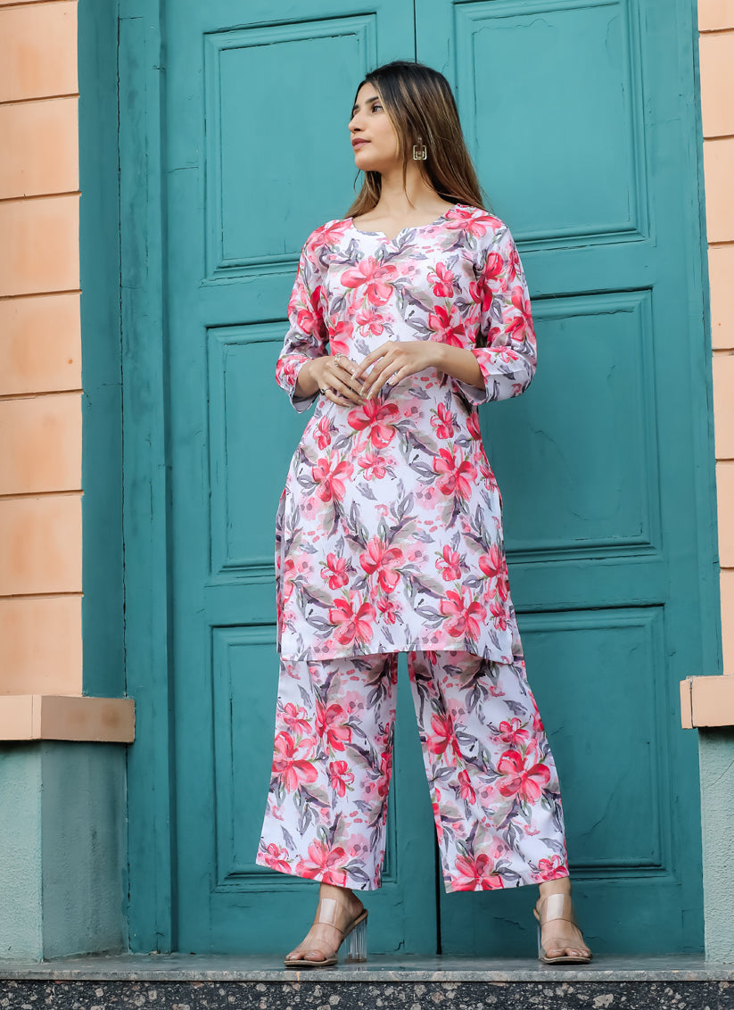 Off White Floral Printed Co-Ord Set