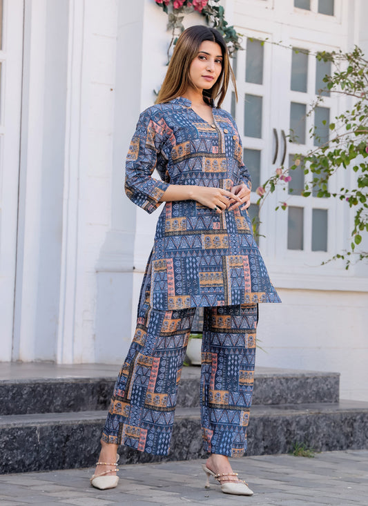 Navy Blue Floral Printed Co-Ord Set