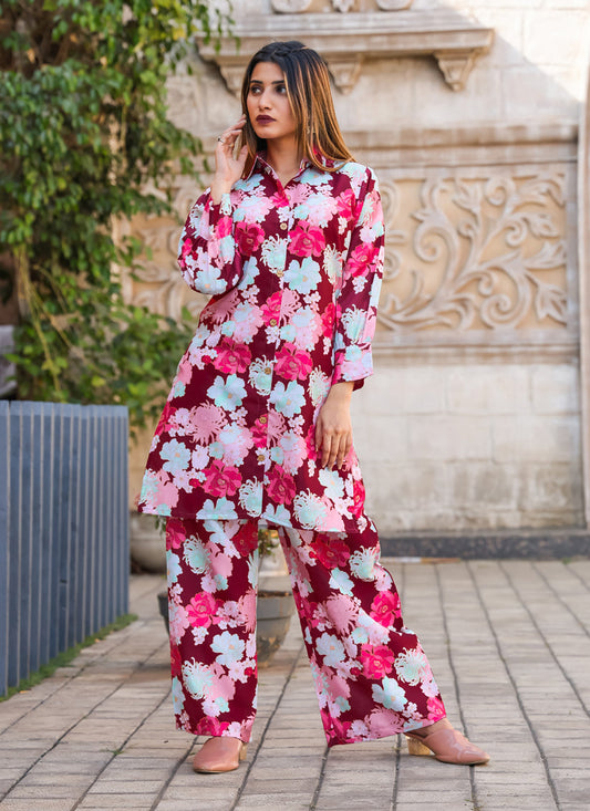 Maroon Floral Printed Co-Ord Set