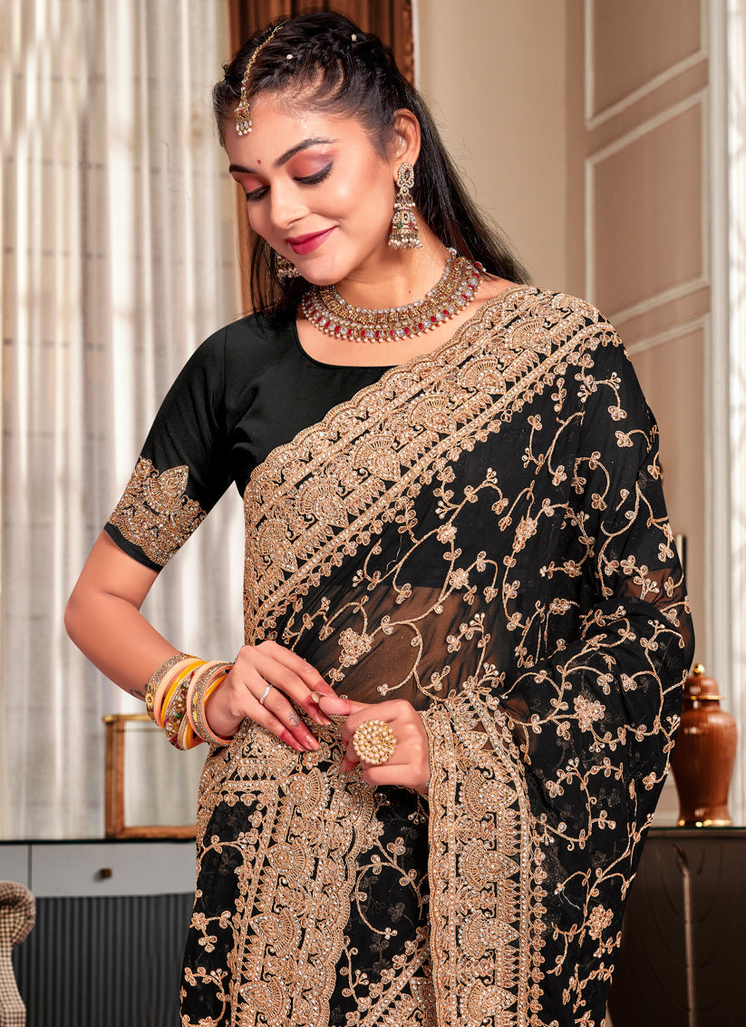 Black Georgette Heavy Embroidered Saree