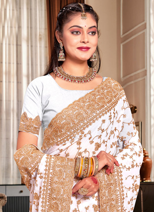 White Georgette Heavy Embroidered Saree