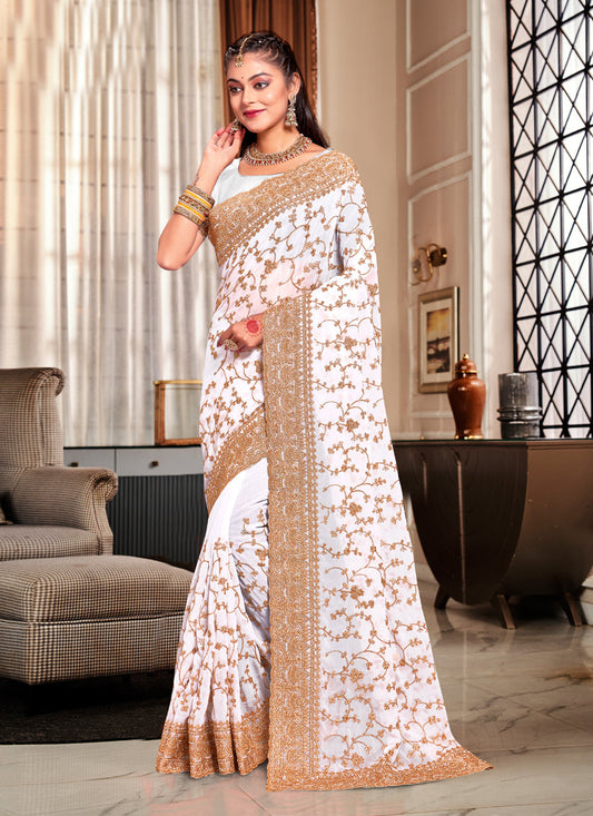 White Georgette Heavy Embroidered Saree