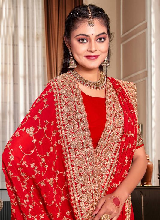Hot Red Georgette Heavy Embroidered Saree