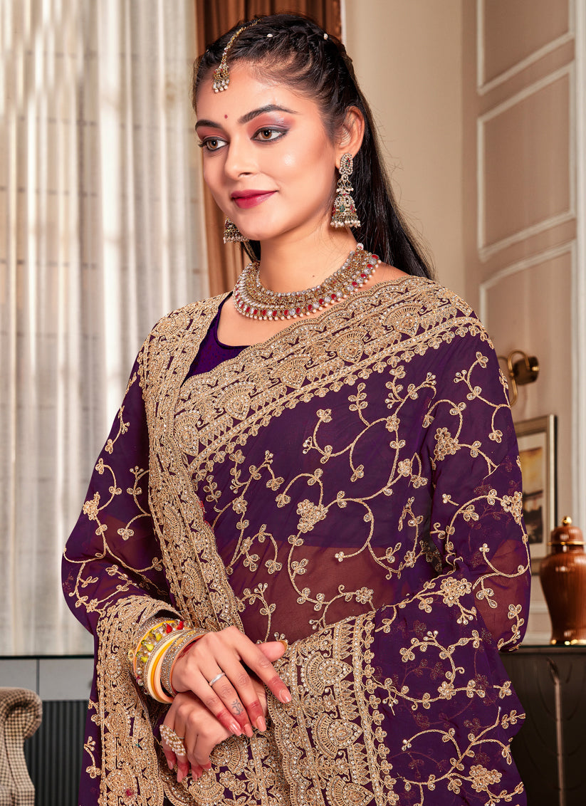 Burgundy Georgette Heavy Embroidered Saree