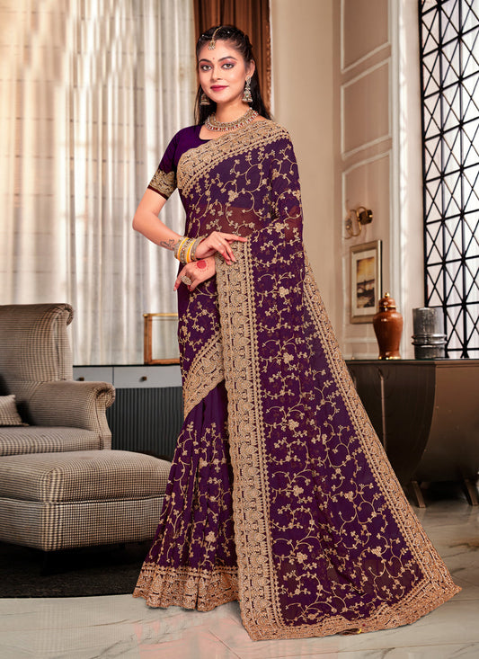 Burgundy Georgette Heavy Embroidered Saree