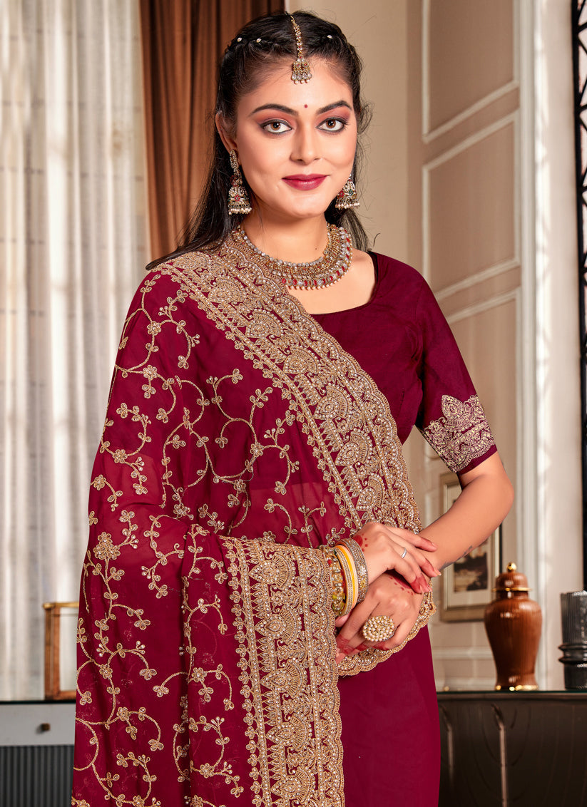 Maroon Georgette Heavy Embroidered Saree