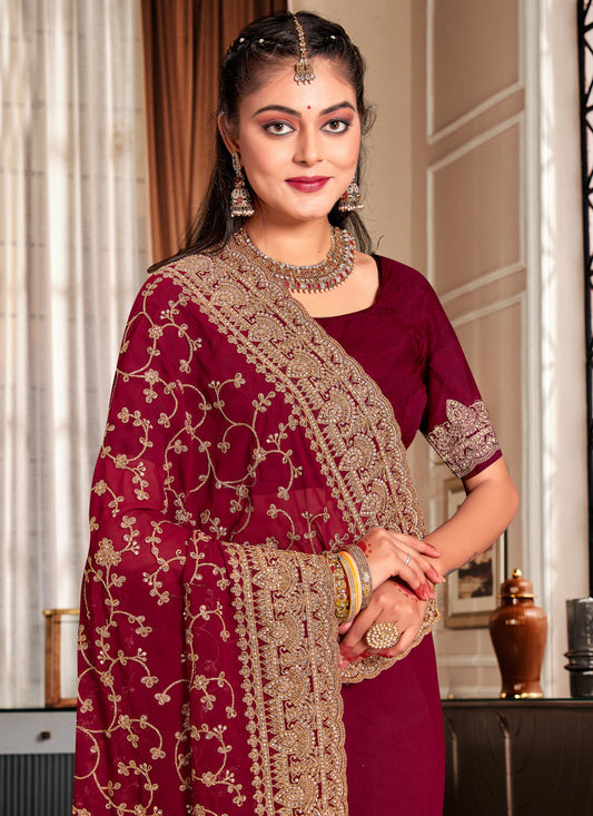 Maroon Georgette Heavy Embroidered Saree