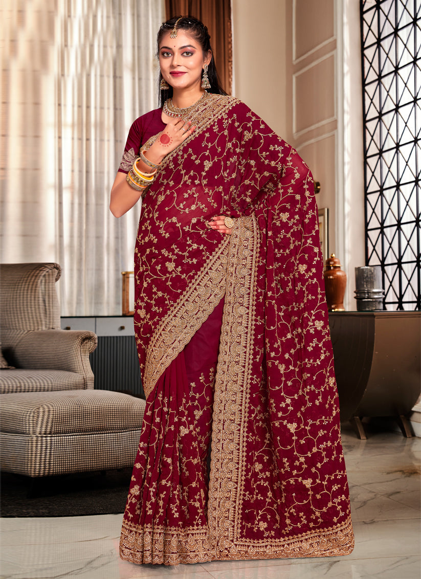 Maroon Georgette Heavy Embroidered Saree