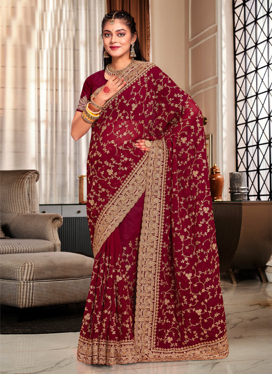 Maroon Georgette Heavy Embroidered Saree