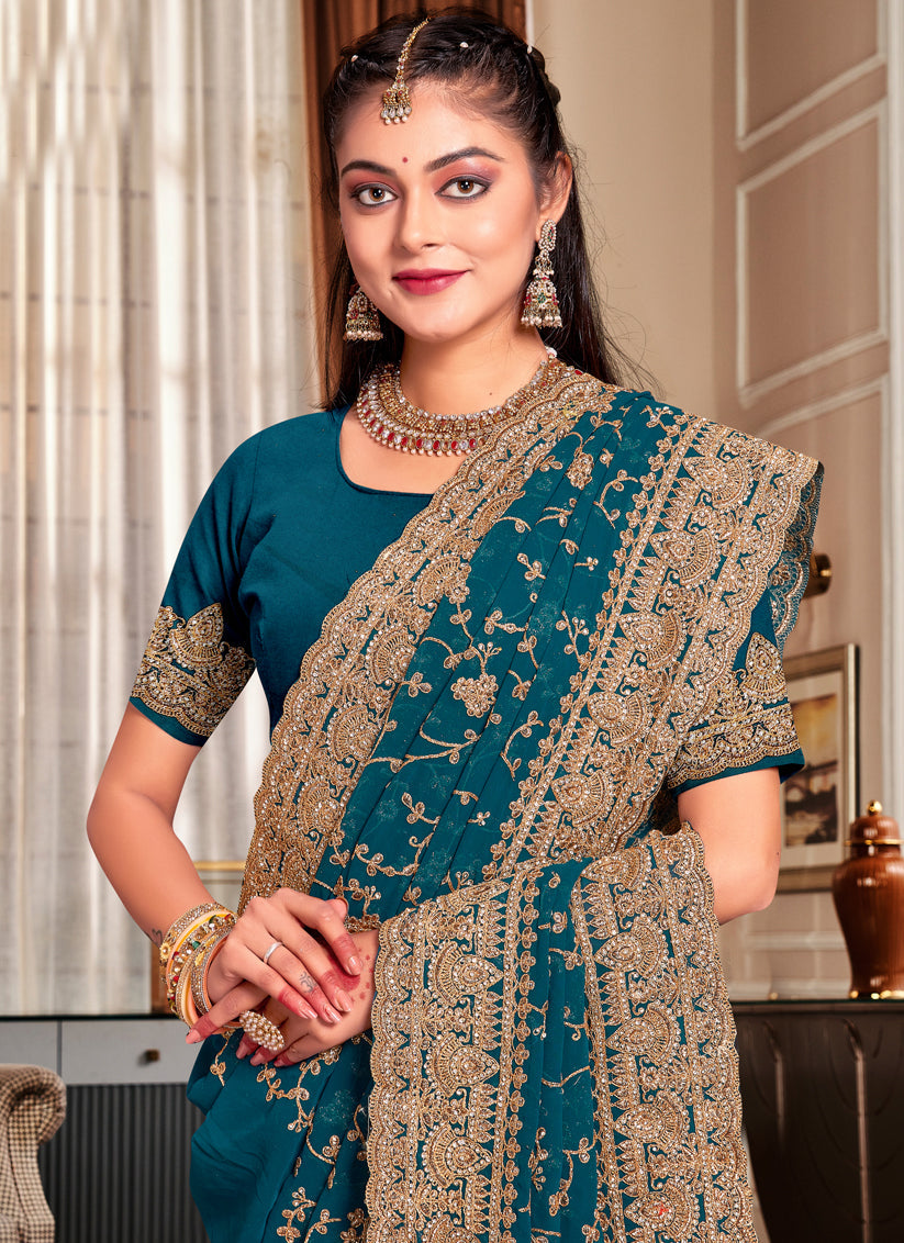 Peacock Blue Georgette Heavy Embroidered Saree