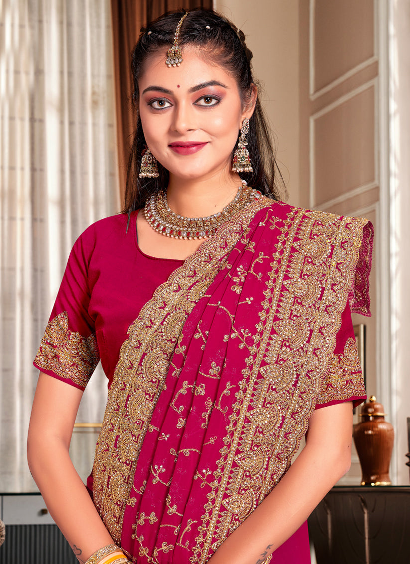 Magenta Georgette Heavy Embroidered Saree