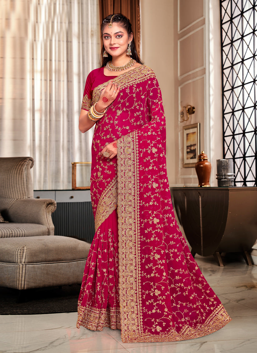 Magenta Georgette Heavy Embroidered Saree
