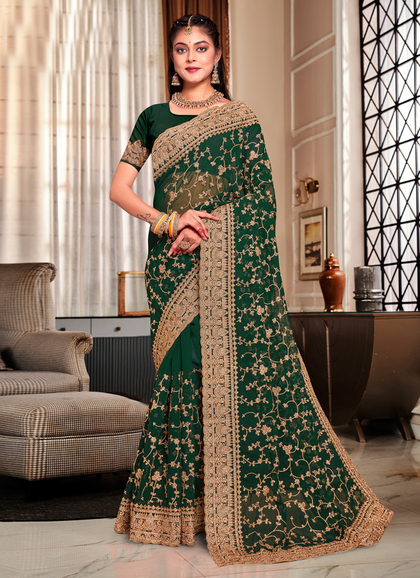 Forest Green Georgette Heavy Embroidered Saree