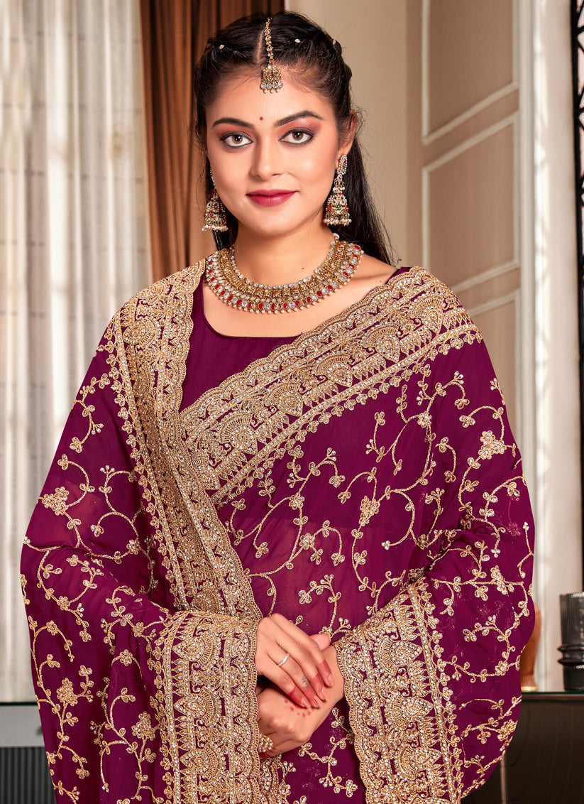 Wine Georgette Heavy Embroidered Saree