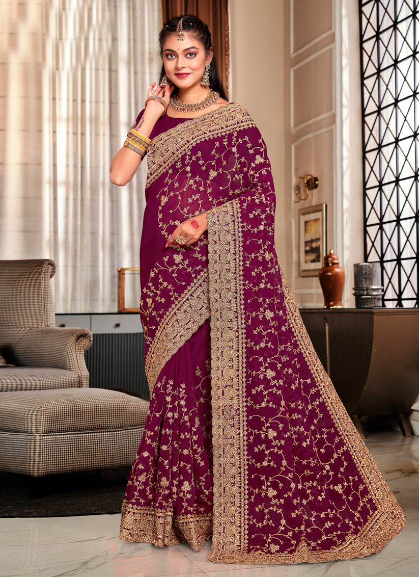 Wine Georgette Heavy Embroidered Saree