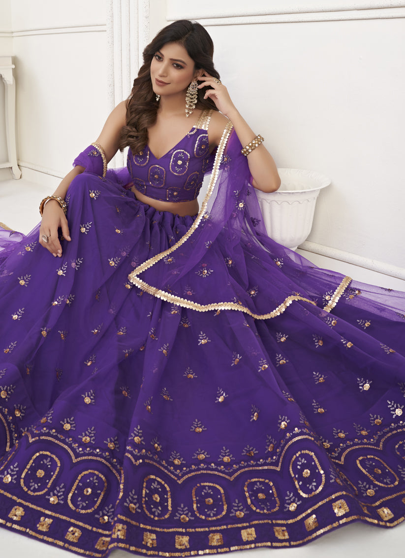 Purple Net Embroidered Lehenga Choli