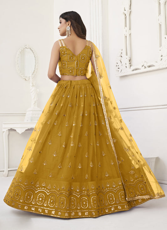 Mustard Net Embroidered Lehenga Choli