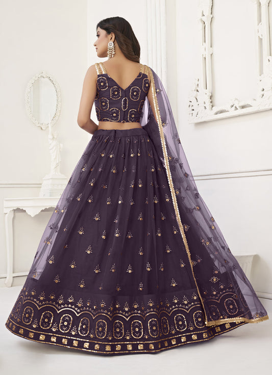 Burgundy Net Embroidered Lehenga Choli