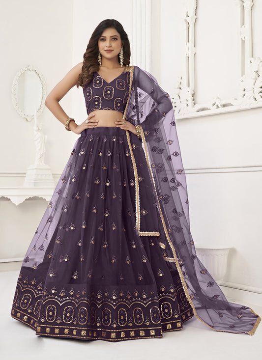 Burgundy Net Embroidered Lehenga Choli