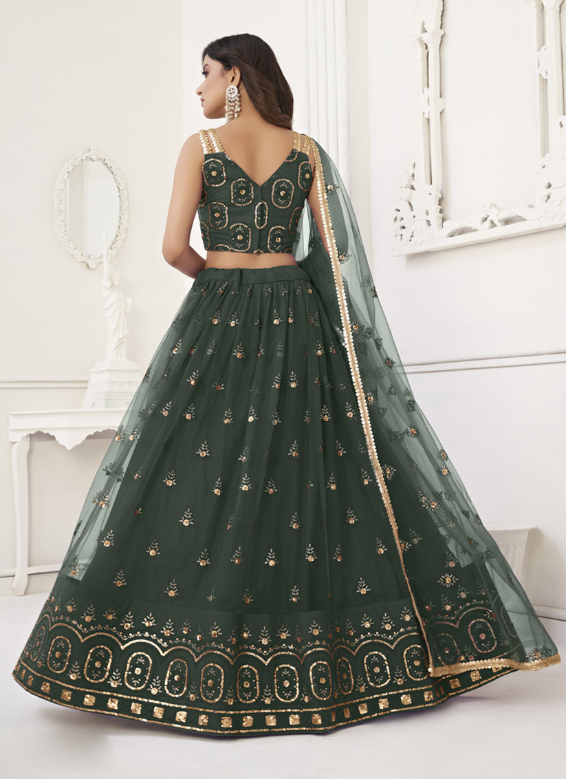 Pine Green Net Embroidered Lehenga Choli