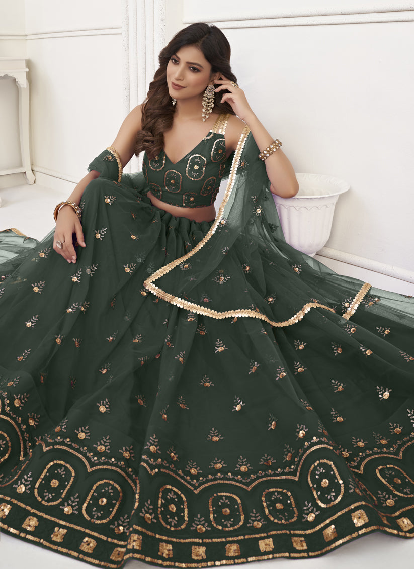 Pine Green Net Embroidered Lehenga Choli