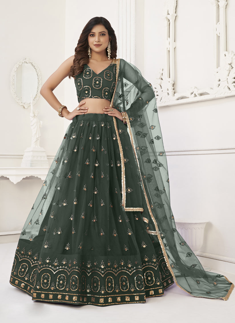 Pine Green Net Embroidered Lehenga Choli