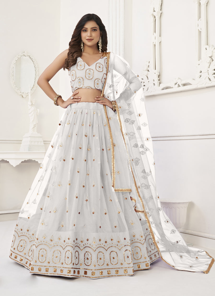 Pearl White Net Embroidered Lehenga Choli