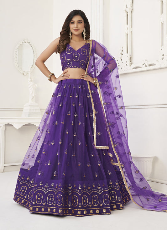 Purple Net Embroidered Lehenga Choli