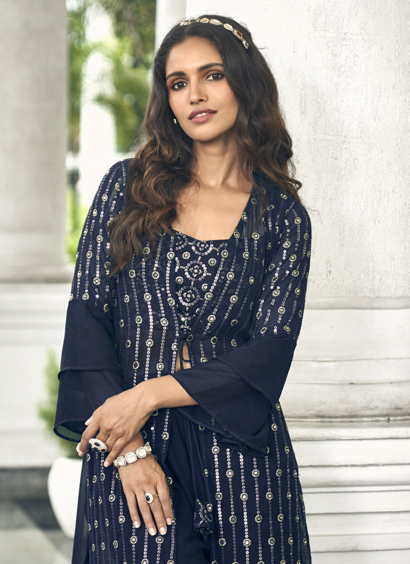 Navy Blue Faux Georgette Embroidered IndoWestern